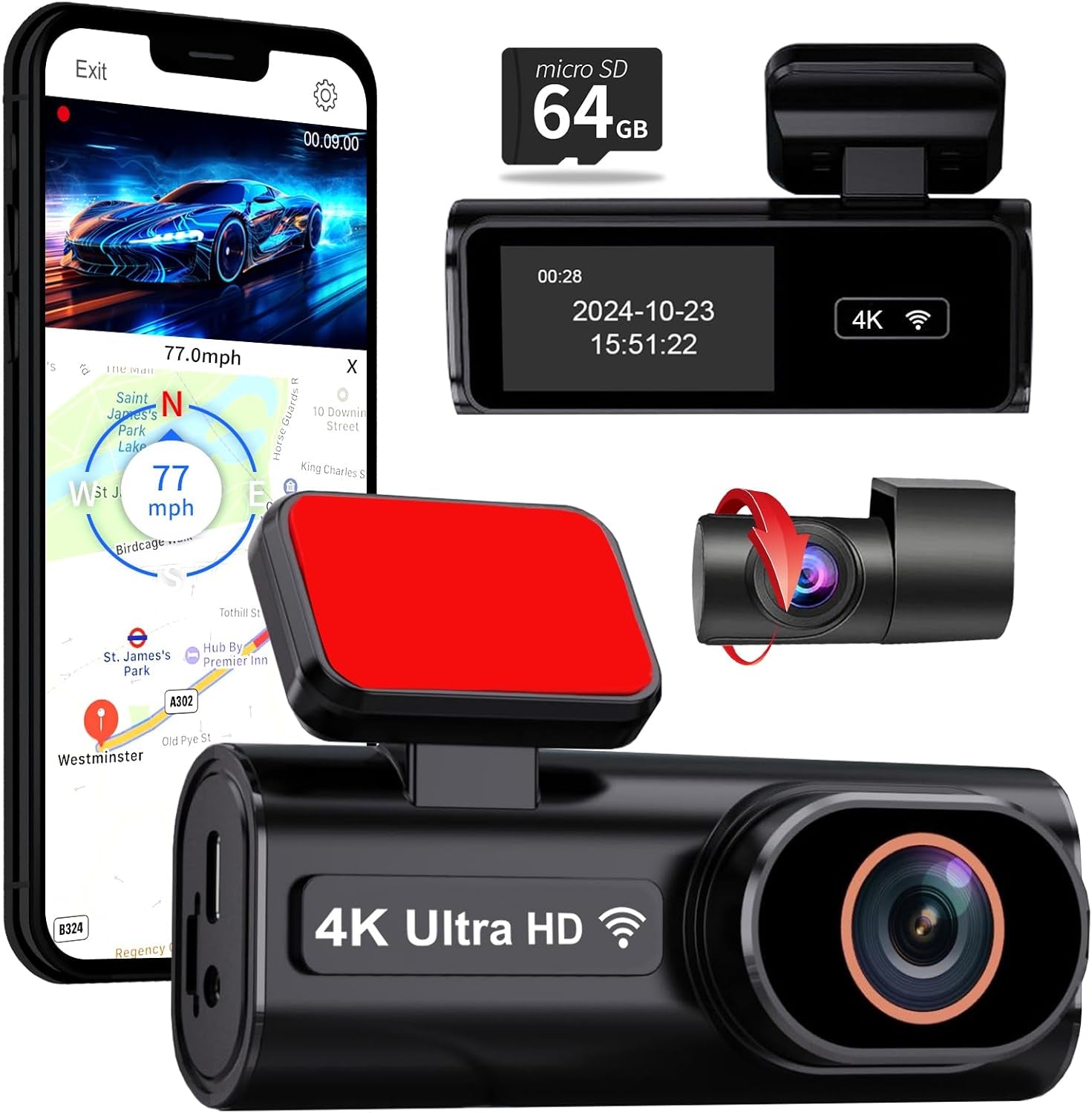 4K Dash Cam Front and Rear, 5.8Ghz Wifi Dash Camera for Cars with 64GB Card Included, 1.97" Screen Dash Cam with APP Control, G-Sensor, Loop Recording, WDR Night Vision, 24H Parking Monitor