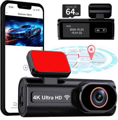 4K Dash Cam Front, 64GB Card Dash Camera for Cars, Built-In Wifi Mini Dashcam with WDR Night Vision, Loop Recording, G-Sensor, APP Control, 24 Hours Parking Monitor, 170°Wide Angle